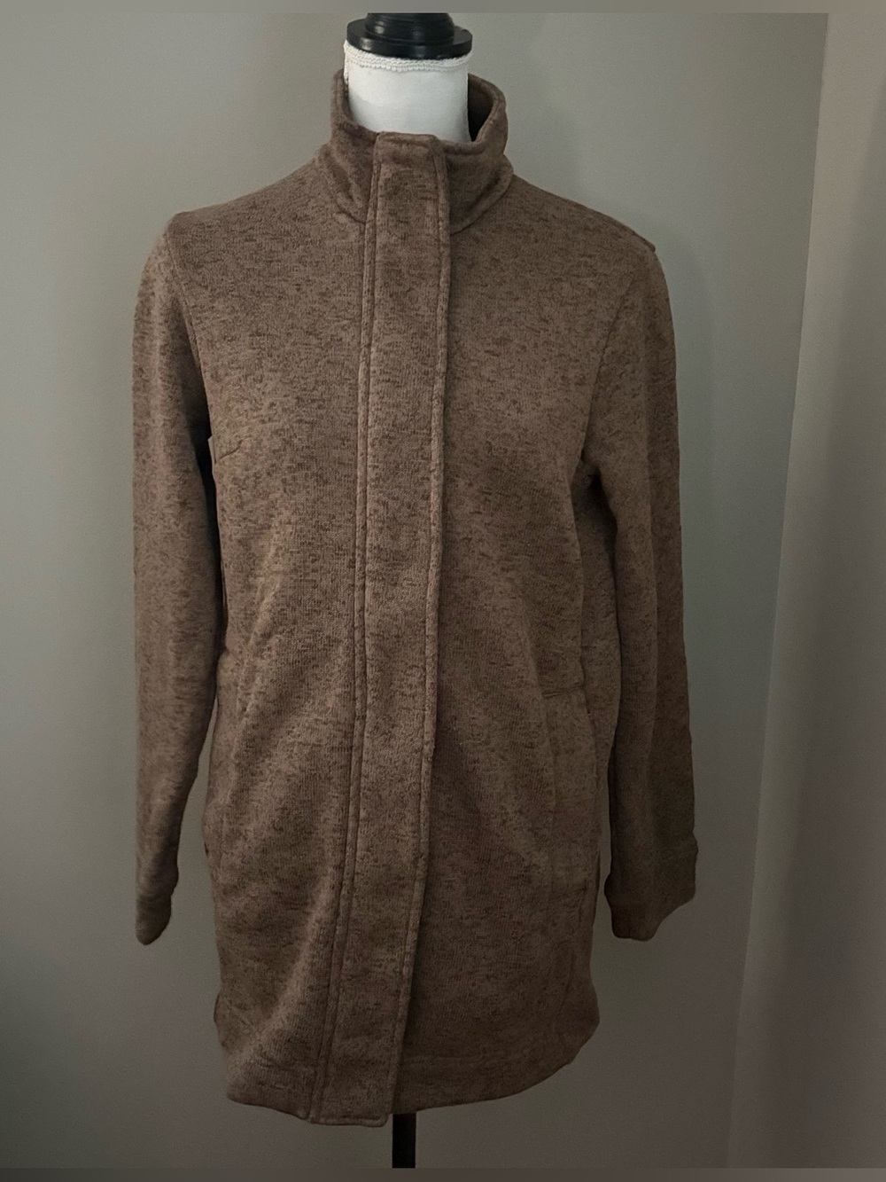 Lands End Sweater Fleece Jacket Womens M (10-12)  Brown Heathered Zip Snap Coat